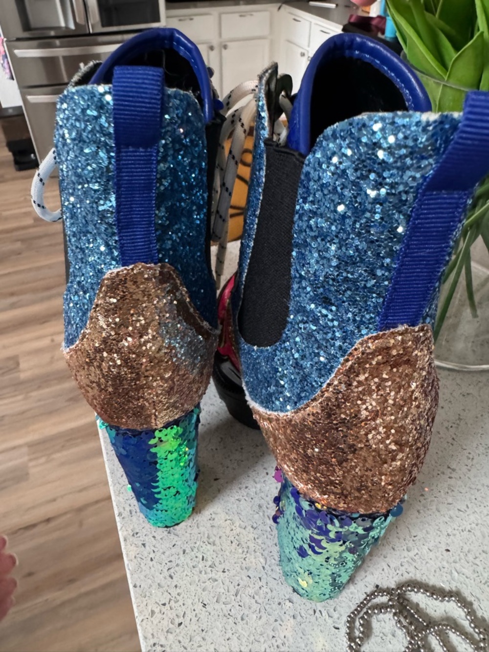 Cape Robbin Multicolor Sequin Lace-Up Boots with Gold Trim and Pink Accents - Picture 3 of 4